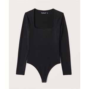 Abercrombie Long-Sleeve Double-Layered Seamless Fabric Squareneck Bodysuit Black